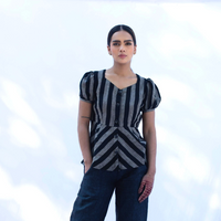 LILA Black Grey Stripe Linen Top