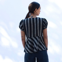 LILA Black Grey Stripe Linen Top