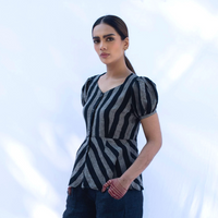 LILA Black Grey Stripe Linen Top
