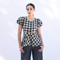 VANI Black White Check Linen Top