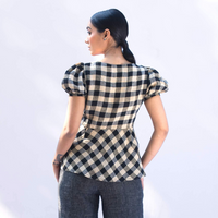 VANI Black White Check Linen Top