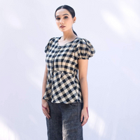 VANI Black White Check Linen Top