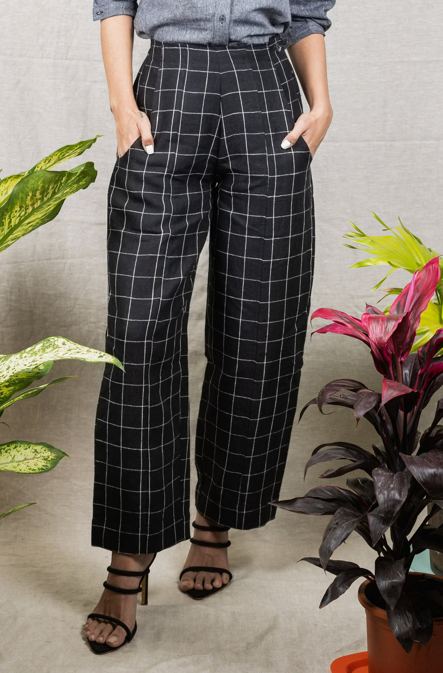 NOVA Black Check Linen Trousers