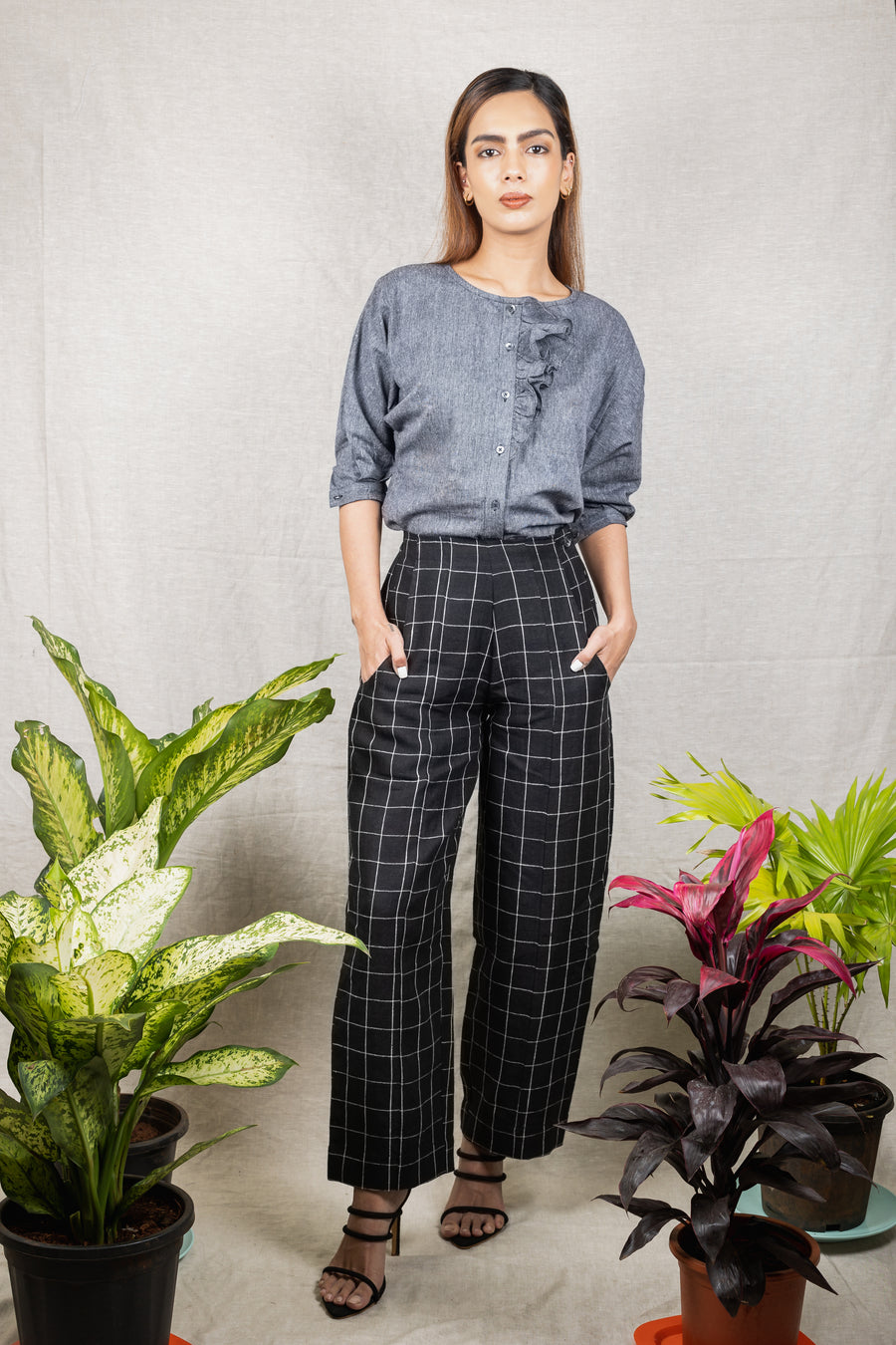 NOVA Black Check Linen Trousers