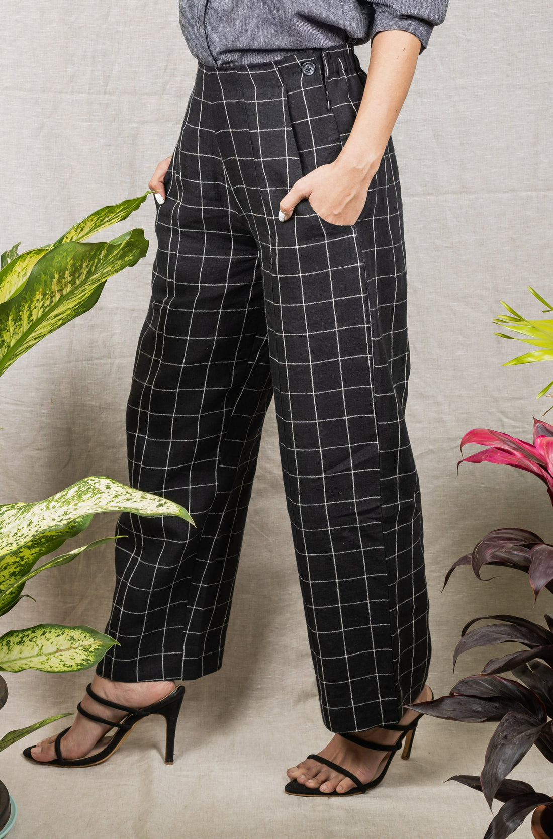 NOVA Black Check Linen Trousers