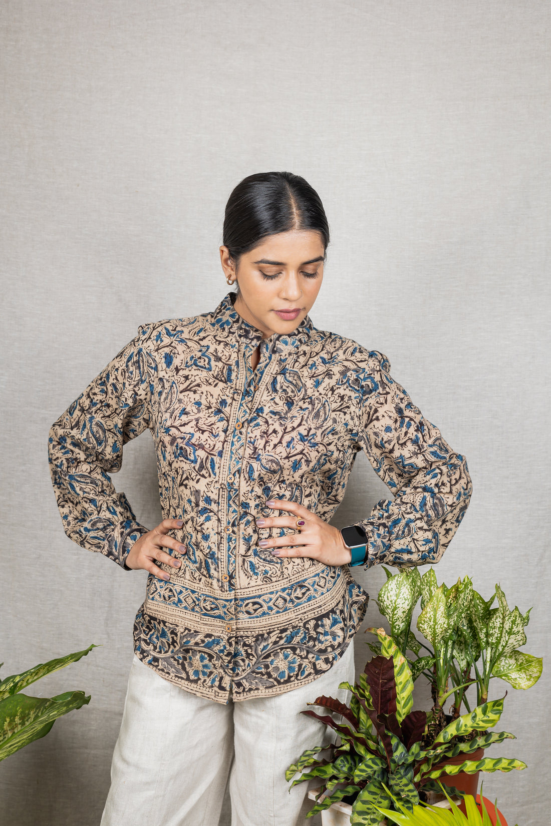 ANNORA Grey Blue Kalamkari Shirt