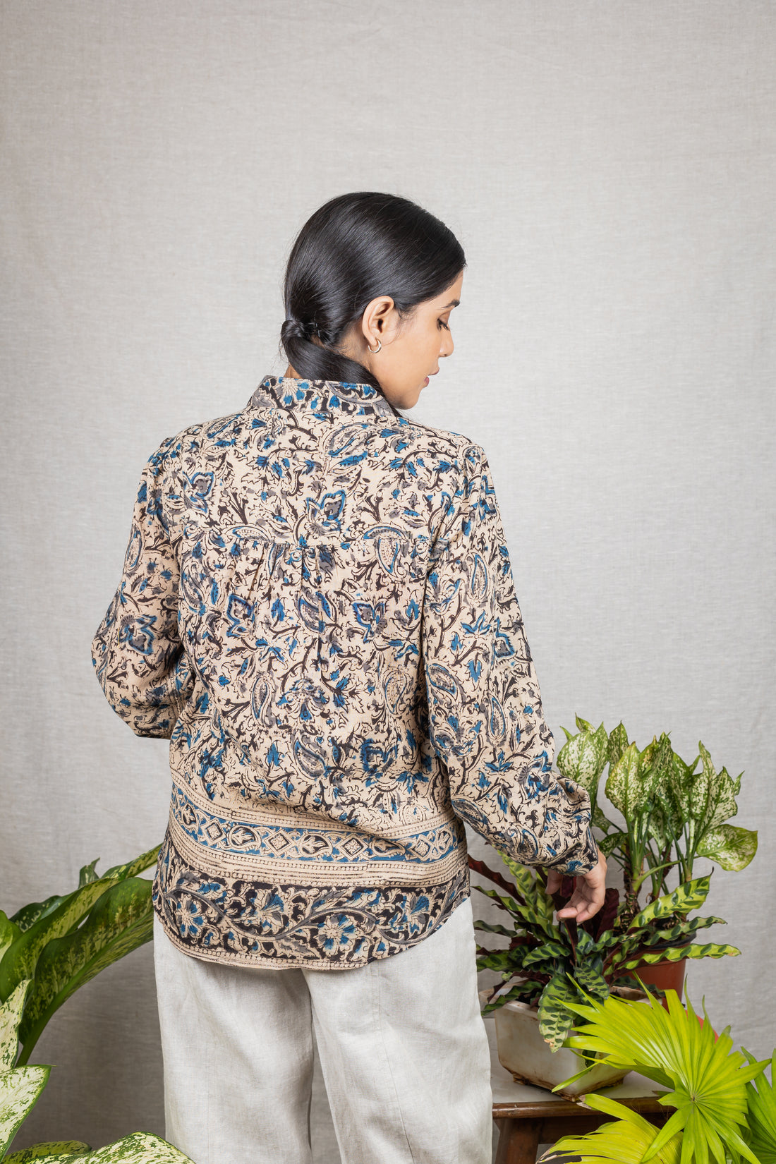 ANNORA Grey Blue Kalamkari Shirt