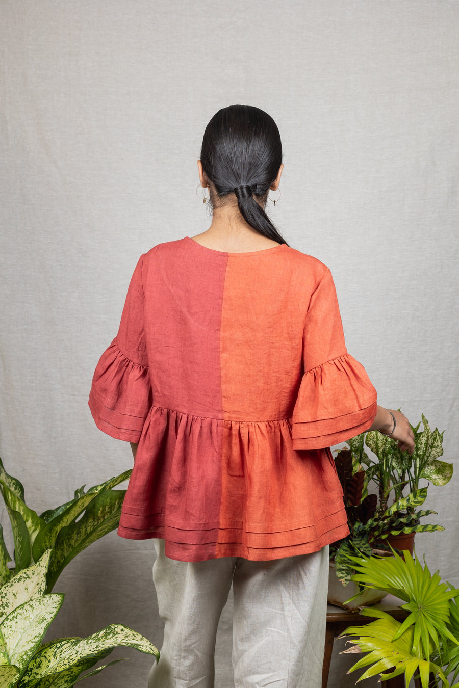 AVA Rust Colorblock Linen Top