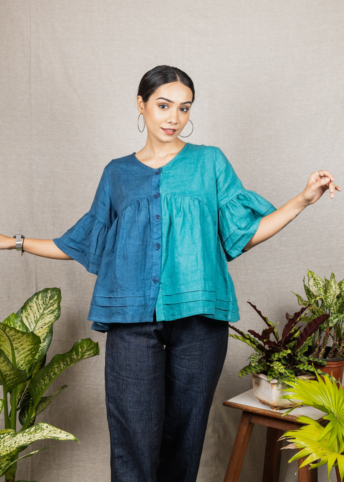 AURORA Blue Colorblock Linen Top