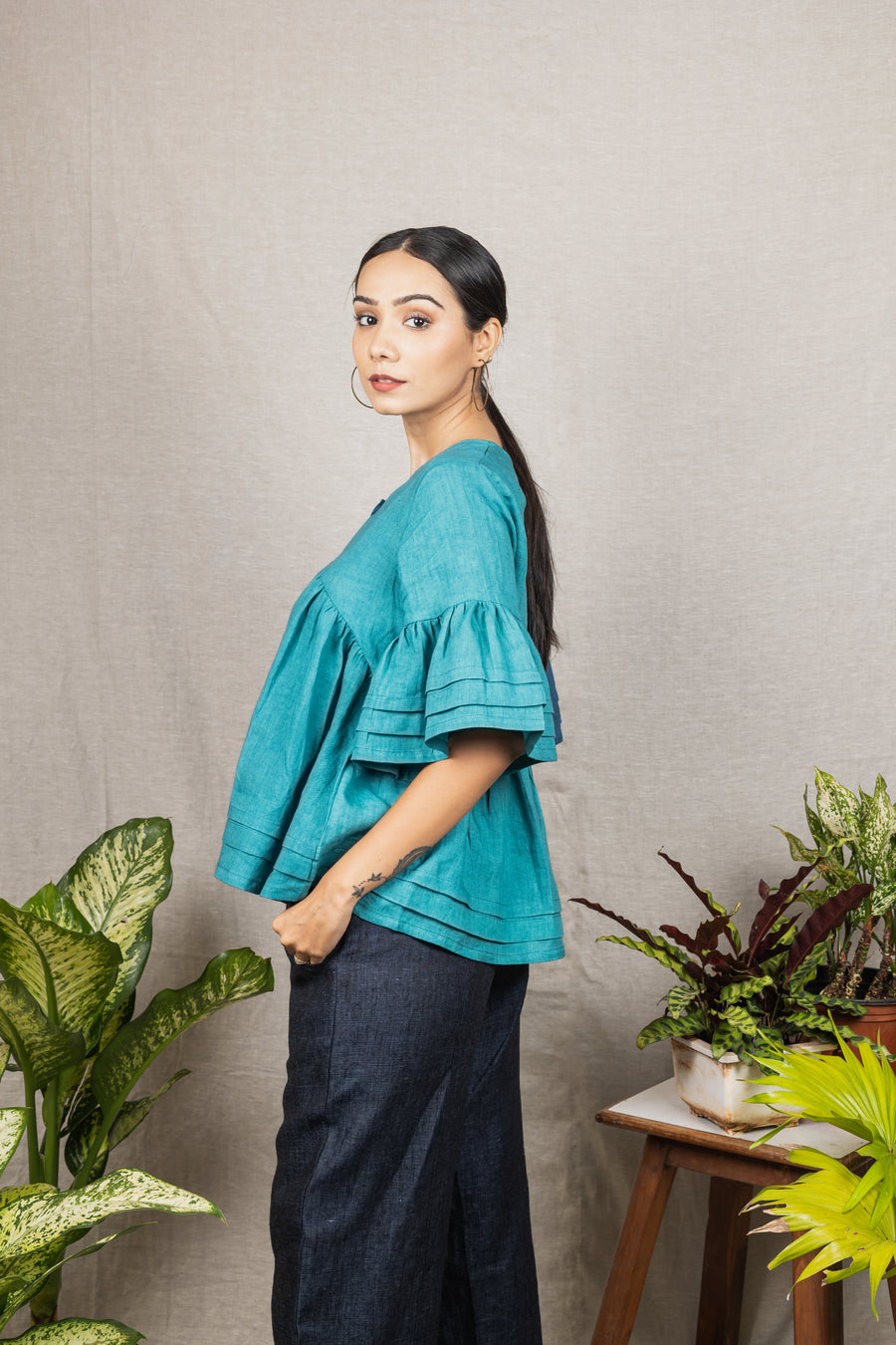 AURORA Blue Colorblock Linen Top