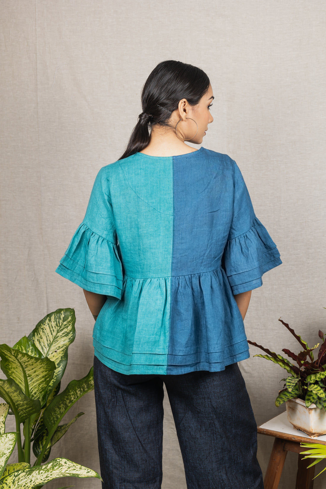 AURORA Blue Colorblock Linen Top