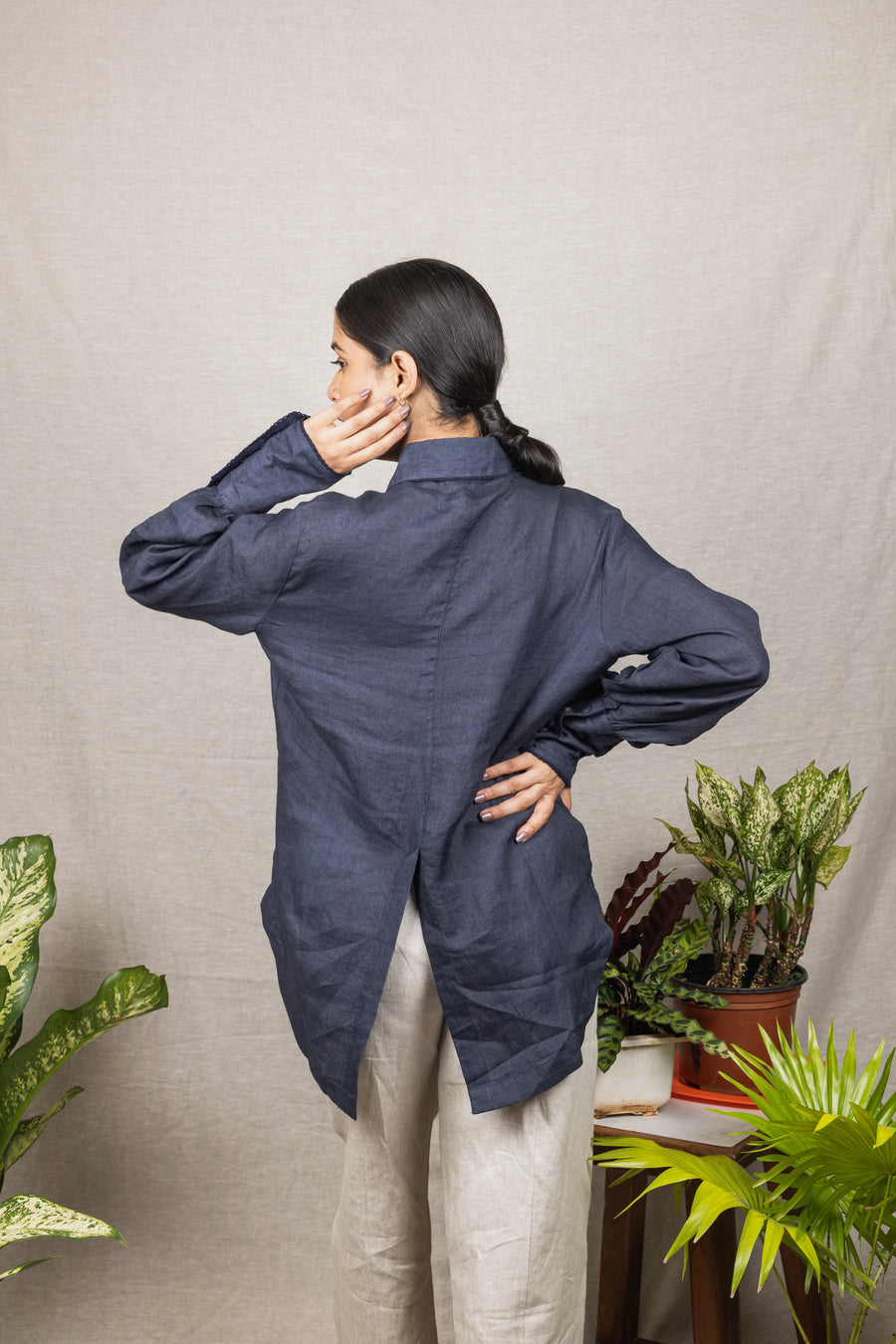 ORA Navy  Blue Linen Shirt with Slit