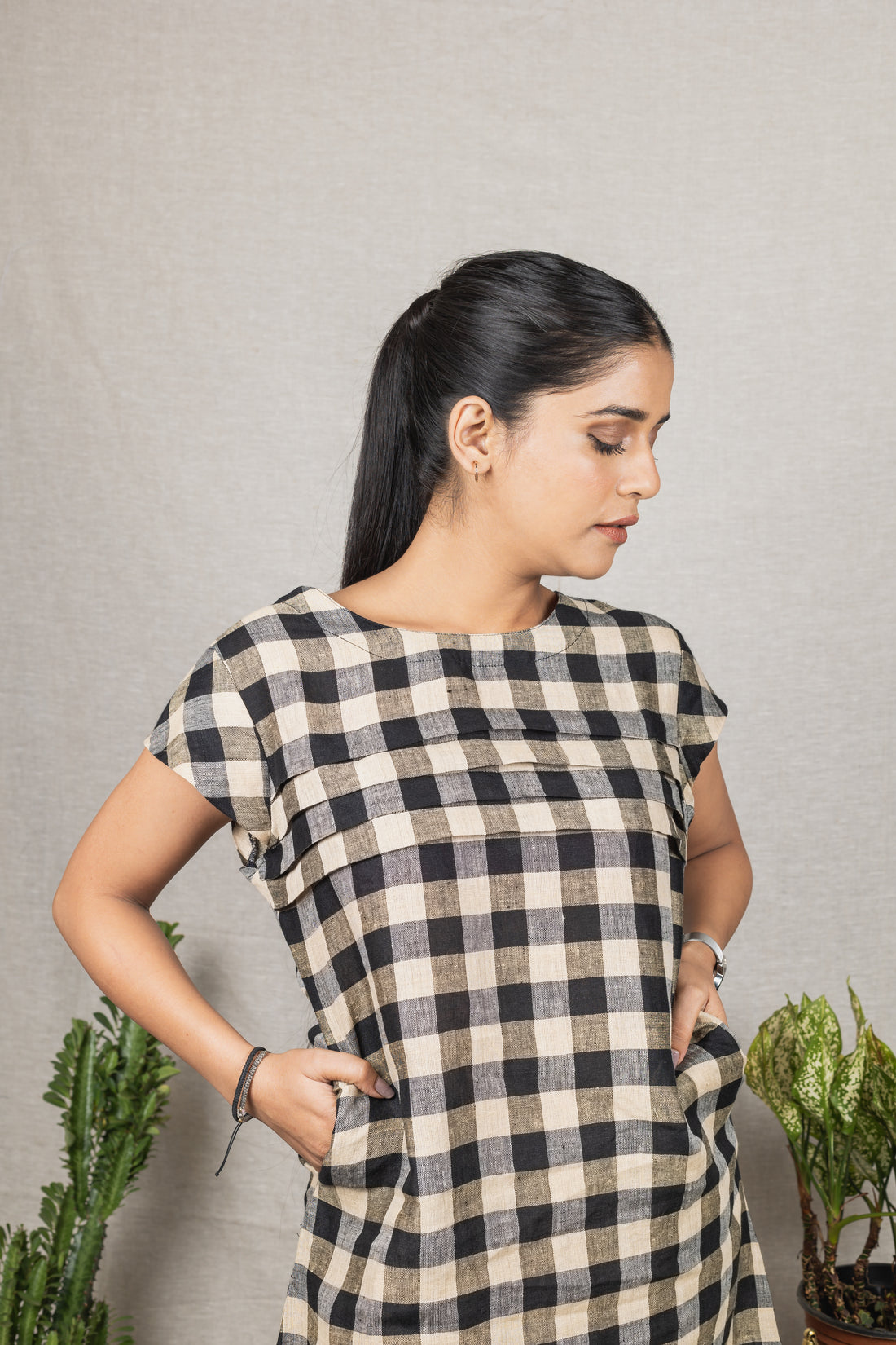 MIRABEL Black White Check  Handloom Linen Dress