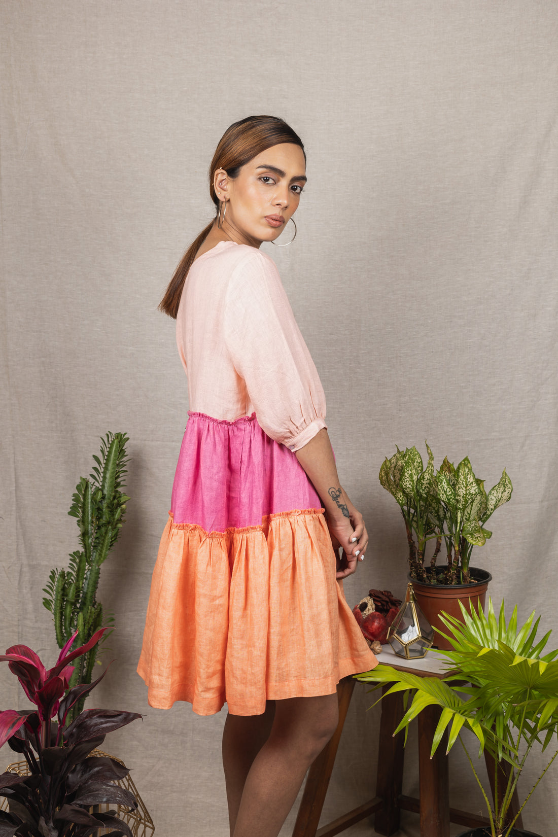 KAIA Peach Colorblock Linen Dress