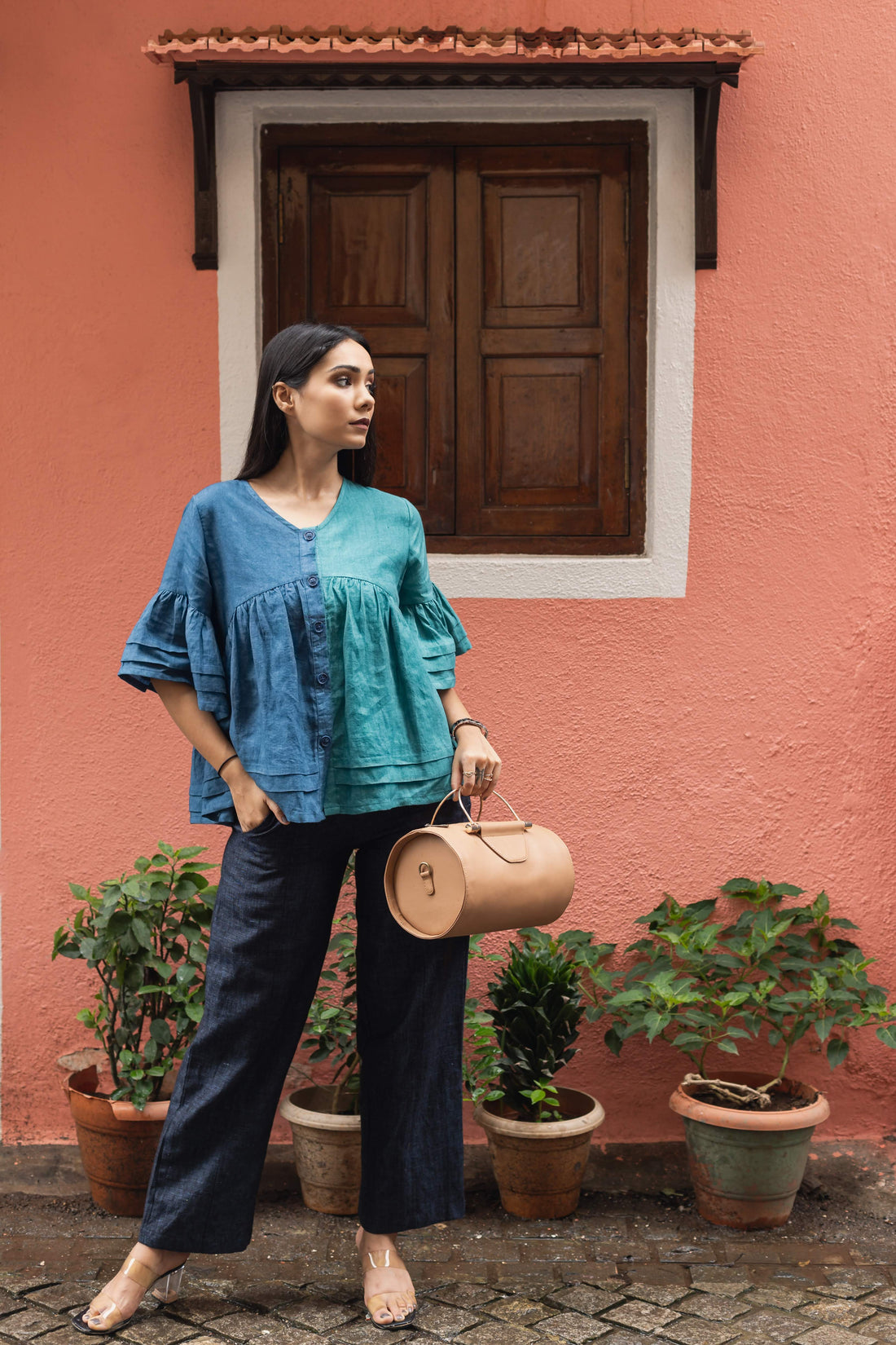 AURORA Blue Colorblock Linen Top