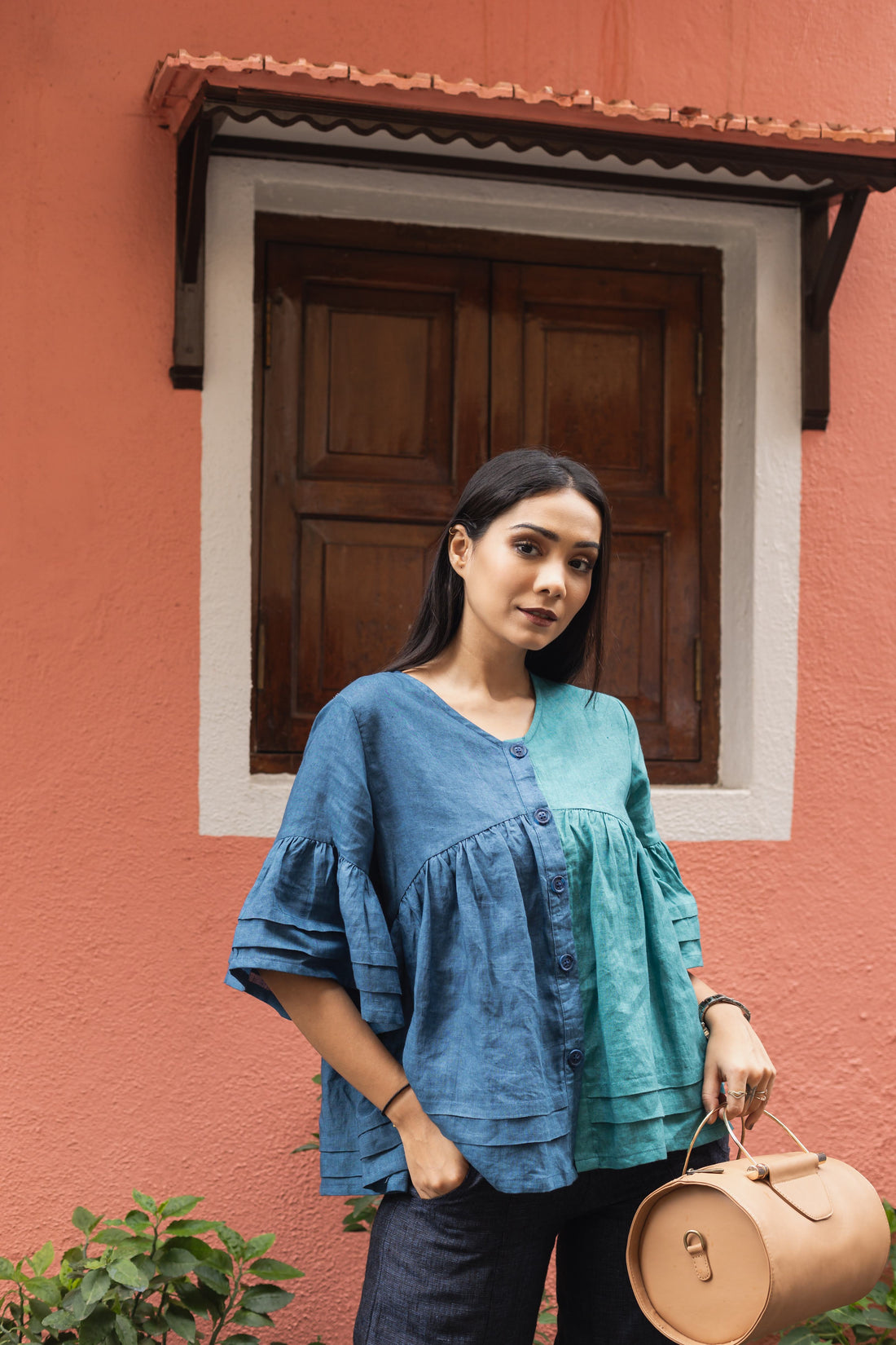 AURORA Blue Colorblock Linen Top
