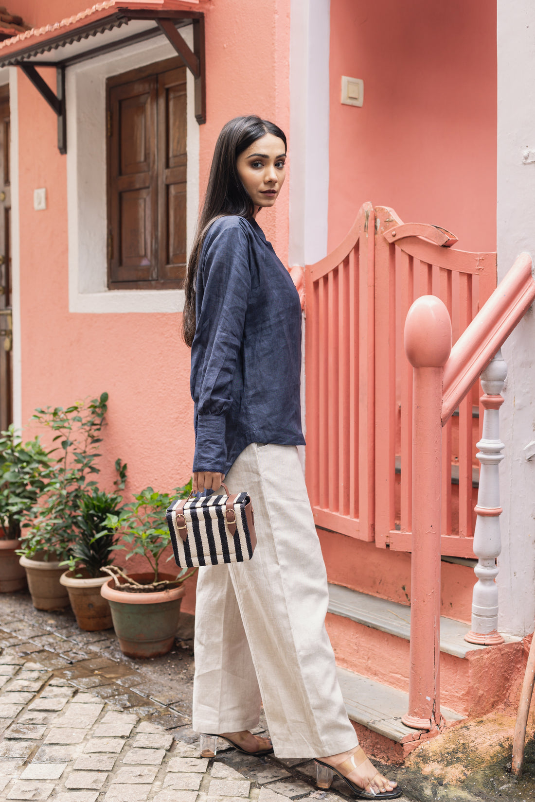 ORA Navy  Blue Linen Shirt with Slit