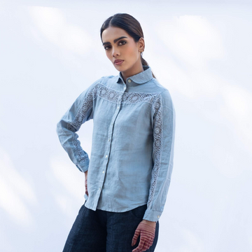 AMUDA Blue lace insert Linen Shirt