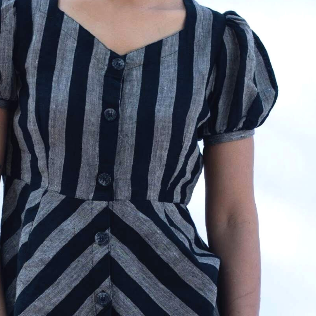 LILA Black Grey Stripe Linen Top