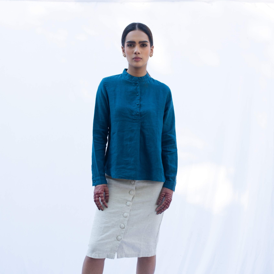 IPSITA Teal Blue Linen Shirt