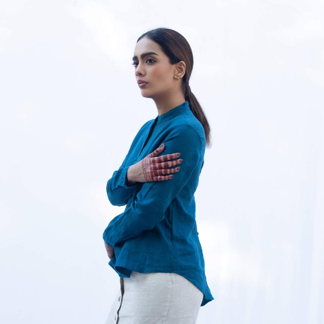 IPSITA Teal Blue Linen Shirt