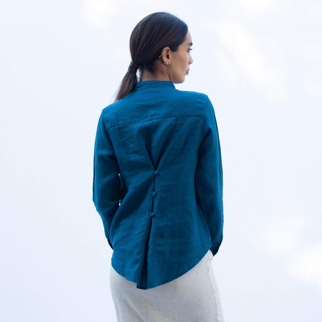 IPSITA Teal Blue Linen Shirt