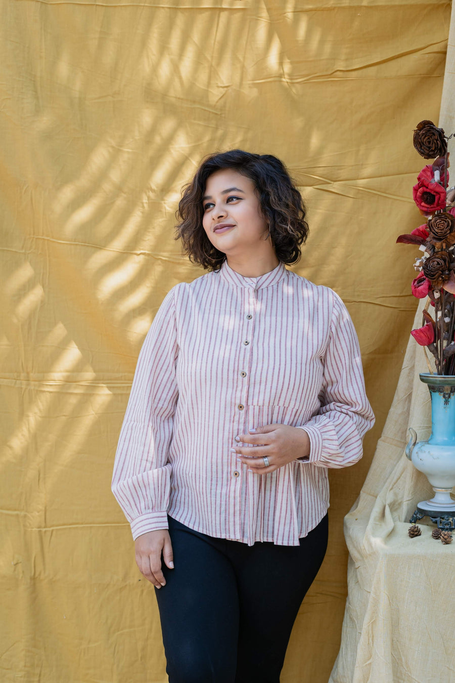 DANAE Red Beige Stripe Handloom Cotton Shirt