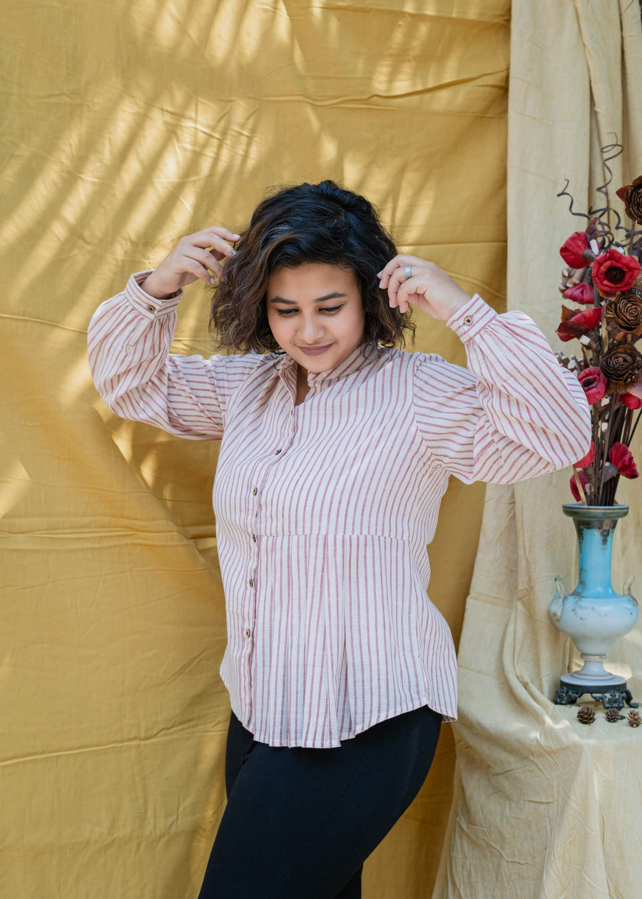 DANAE Red Beige Stripe Handloom Cotton Shirt