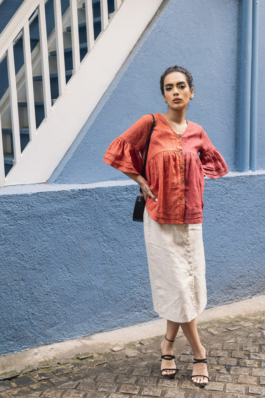 AVA Rust Colorblock Linen Top