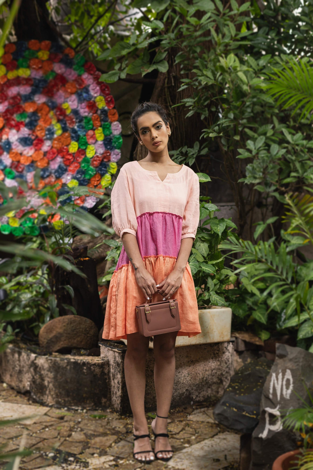 KAIA Peach Colorblock Linen Dress