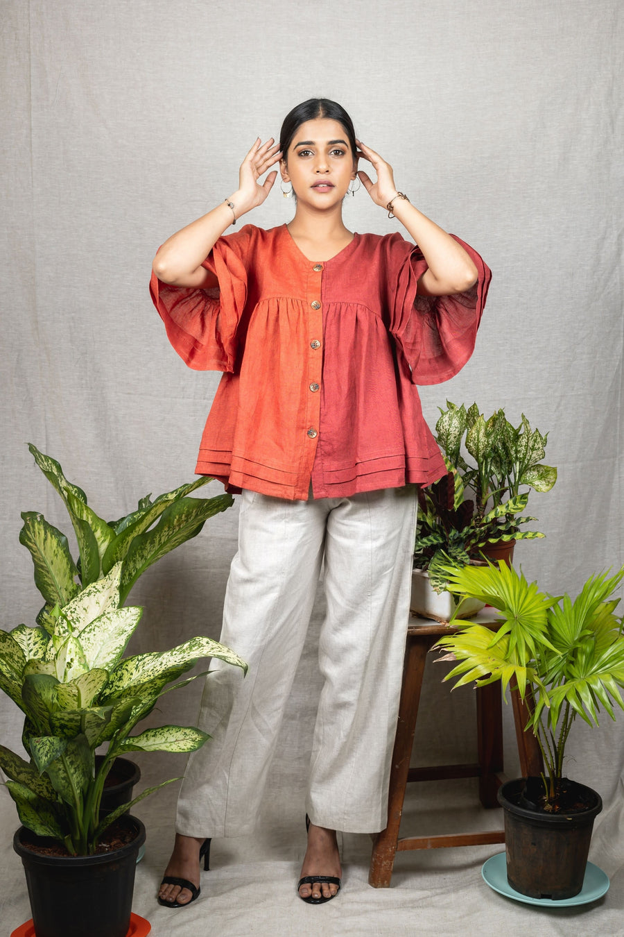 AVA Rust Colorblock Linen Top