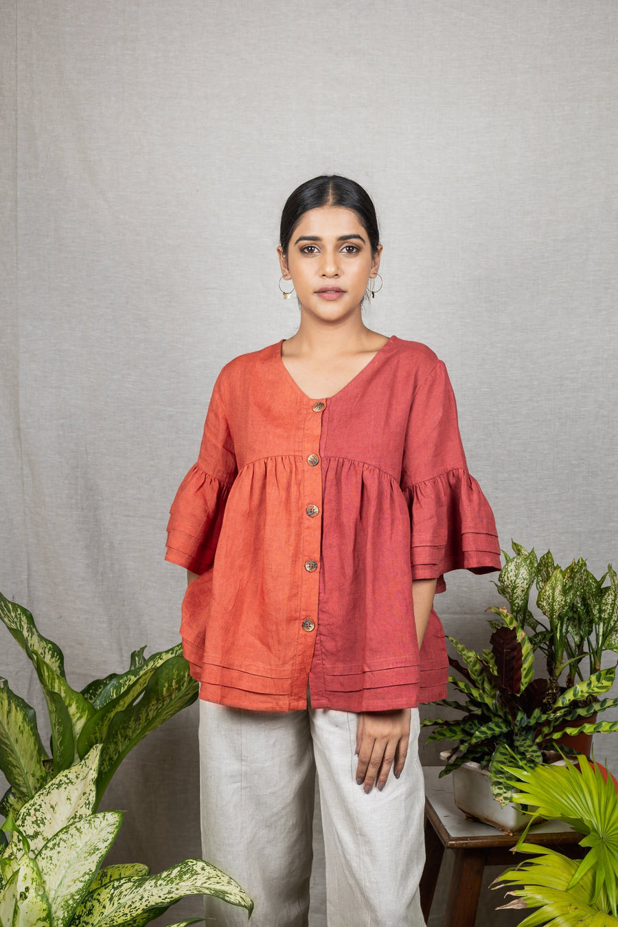 AVA Rust Colorblock Linen Top