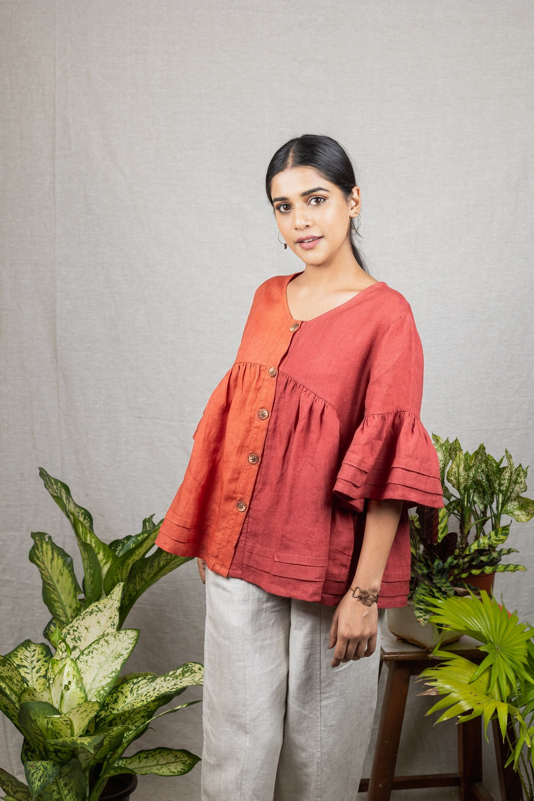 AVA Rust Colorblock Linen Top