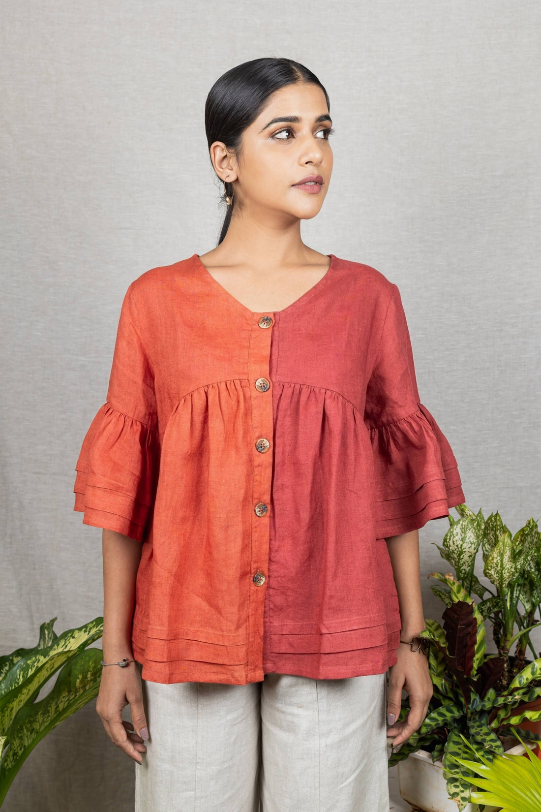 AVA Rust Colorblock Linen Top