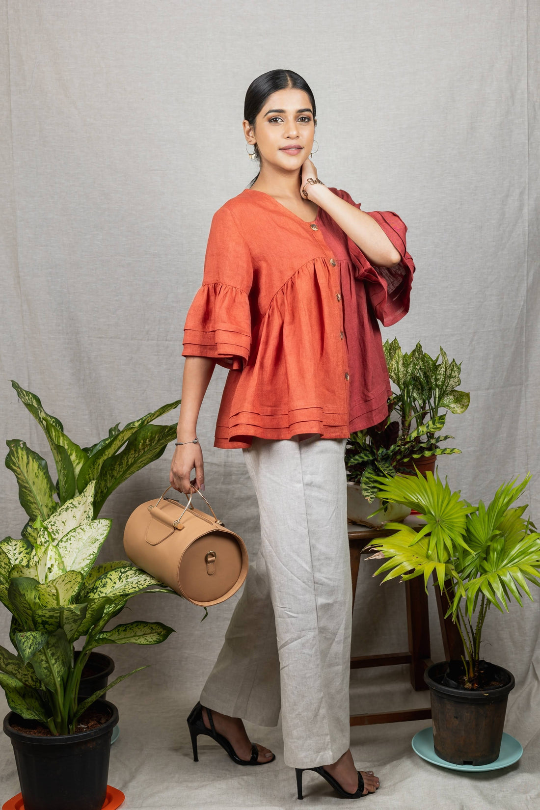 AVA Rust Colorblock Linen Top