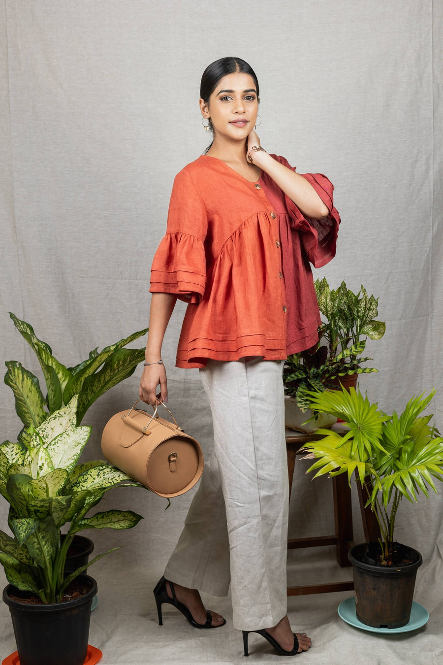 AVA Rust Colorblock Linen Top