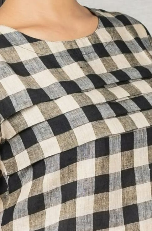 MIRABEL Black White Check  Handloom Linen Dress