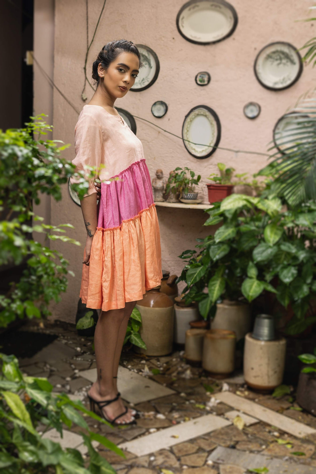 KAIA Peach Colorblock Linen Dress