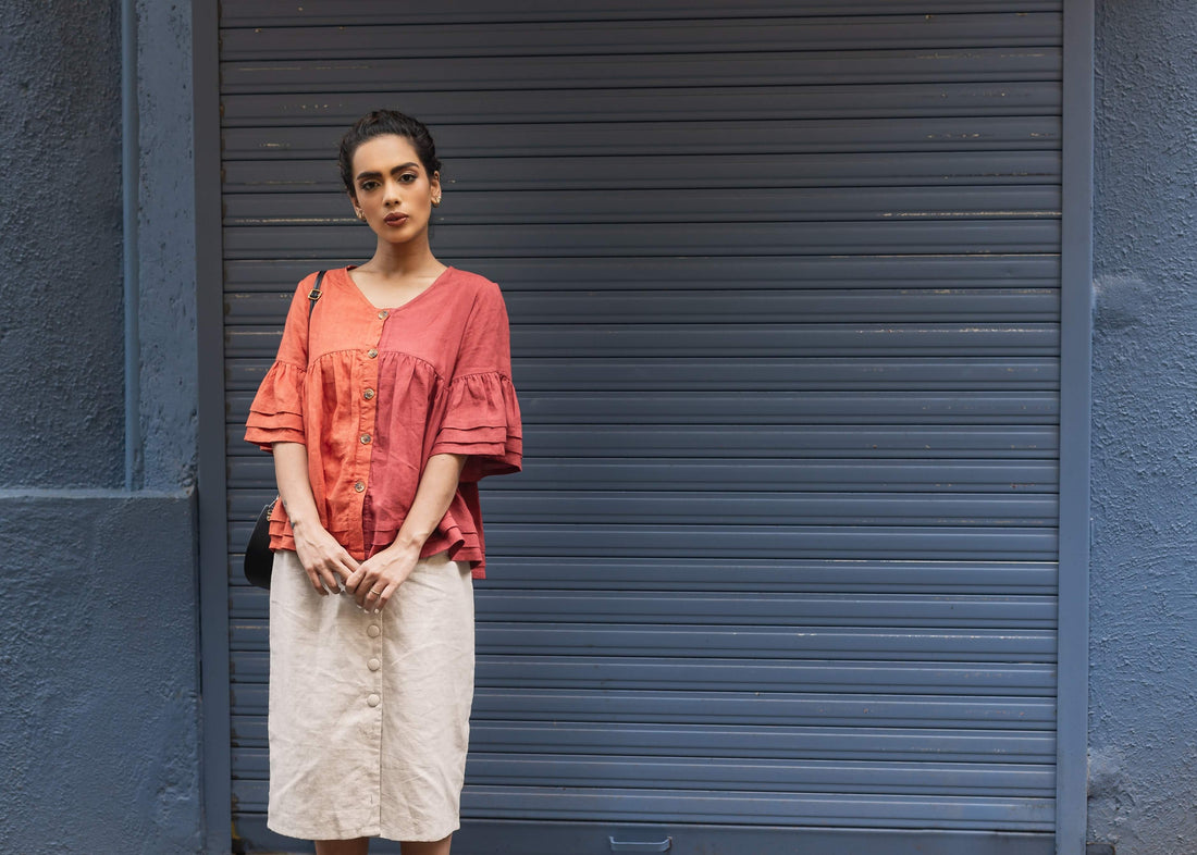 AVA Rust Colorblock Linen Top