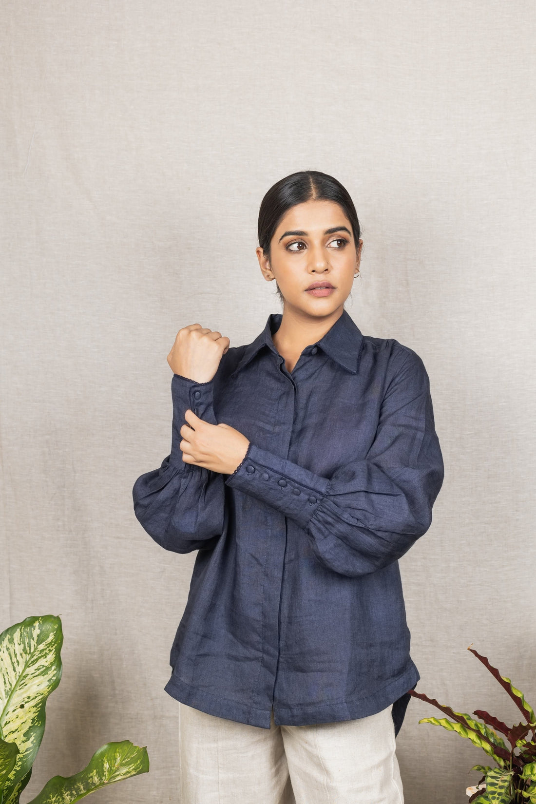 ORA Navy  Blue Linen Shirt with Slit