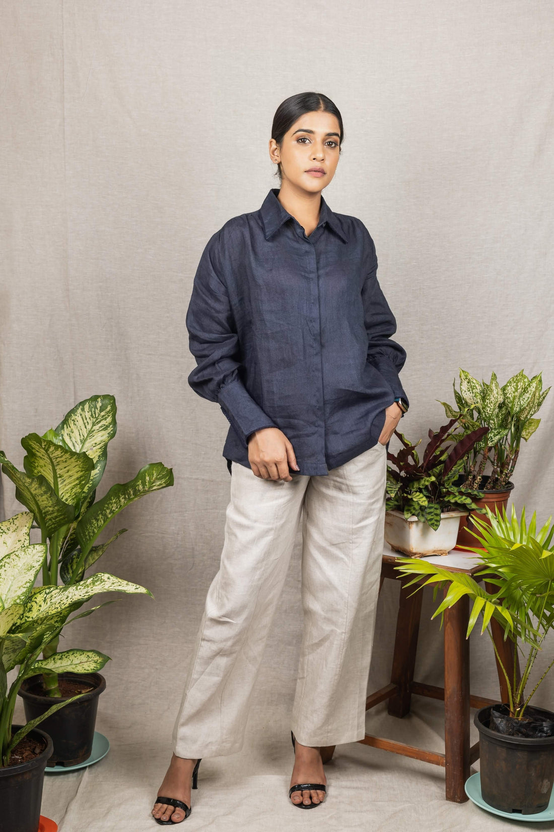 ORA Navy  Blue Linen Shirt with Slit