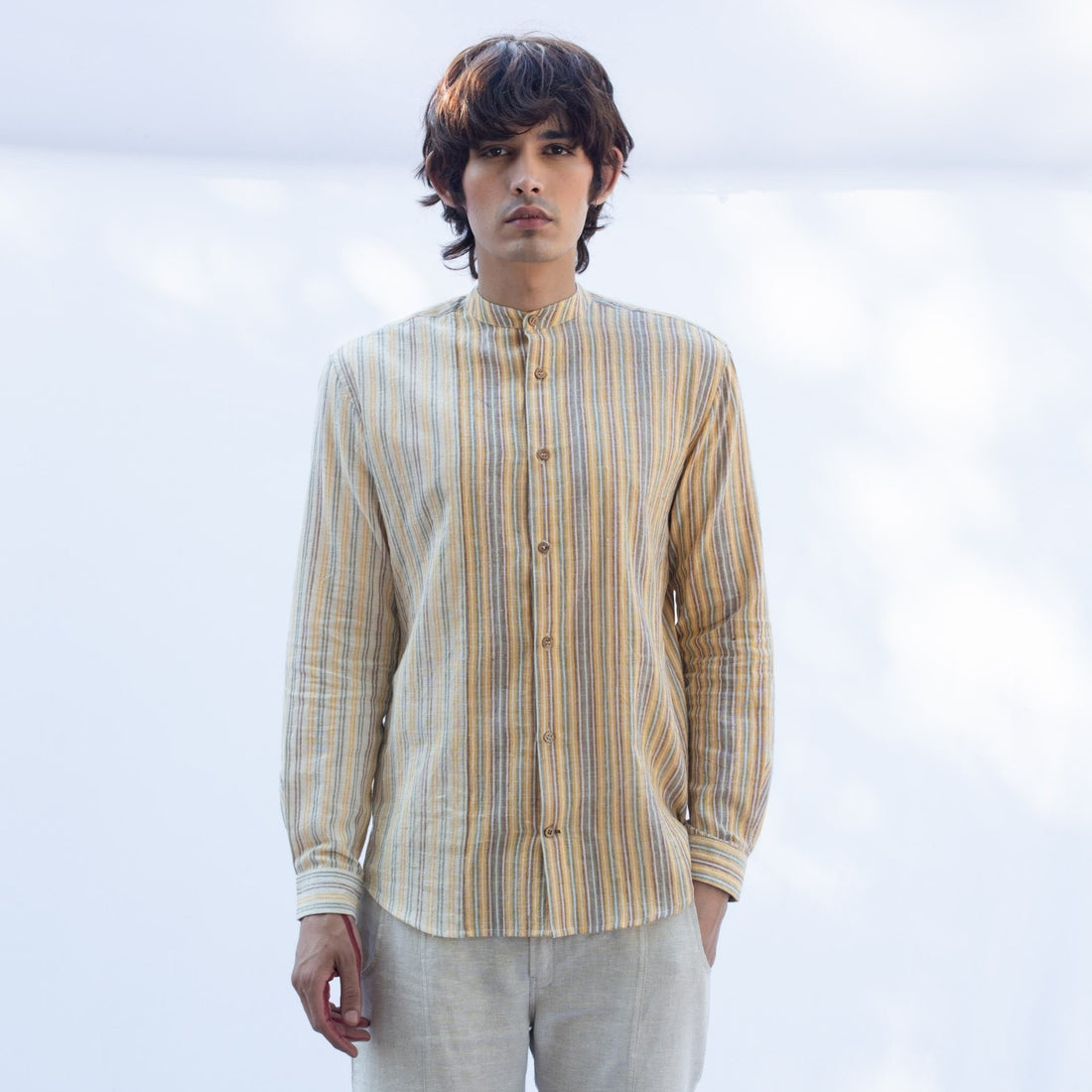 VYOM Yellow White Stripe Kala Cotton Shirt