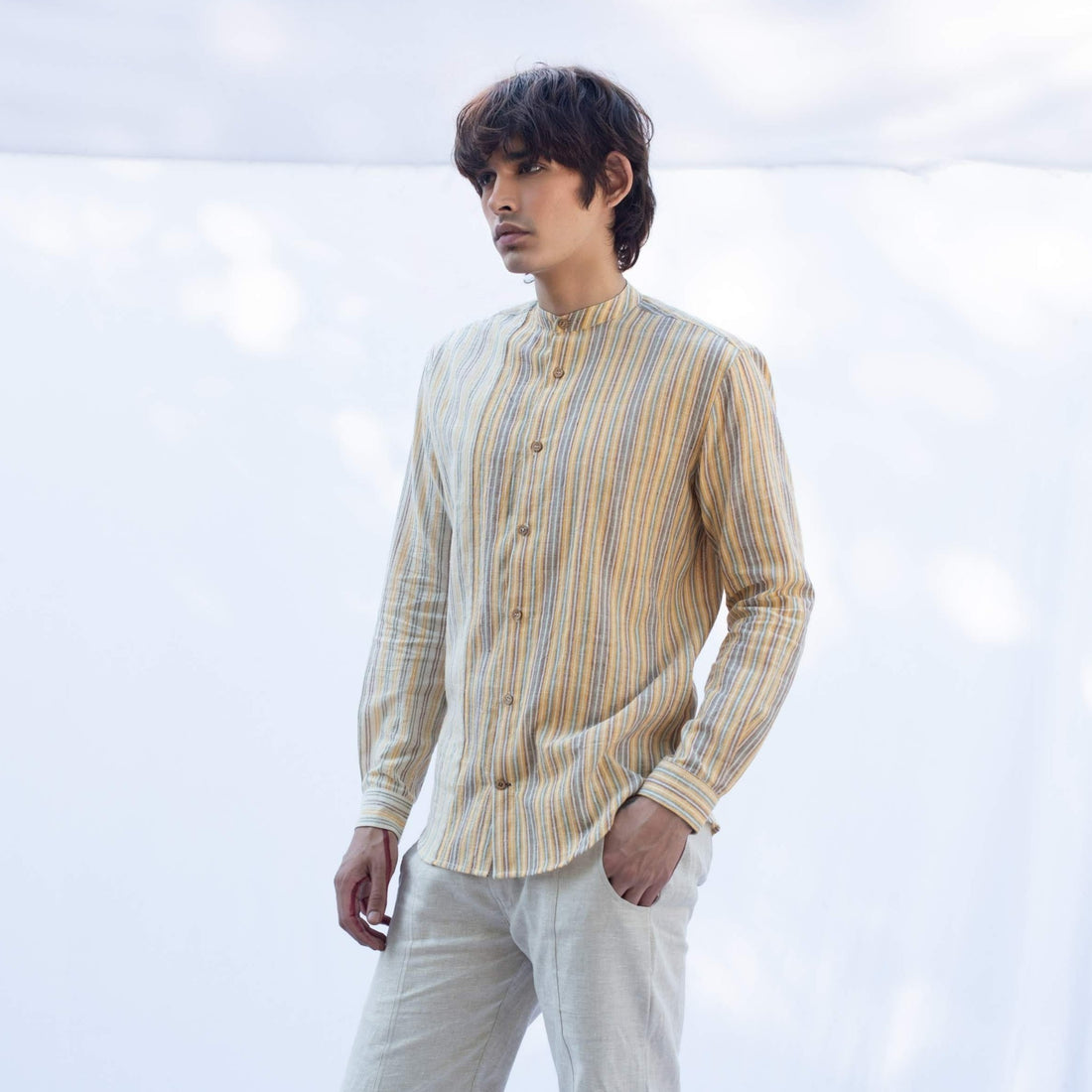 VYOM Yellow White Stripe Kala Cotton Shirt